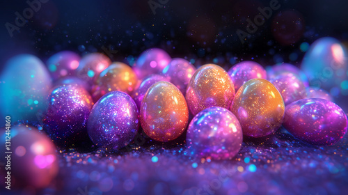 A collection of glossy, glowing Easter eggs with a cosmic theme in purple, blue, and orange. The eggs have a nebula-like texture and are set against a dark background. photo