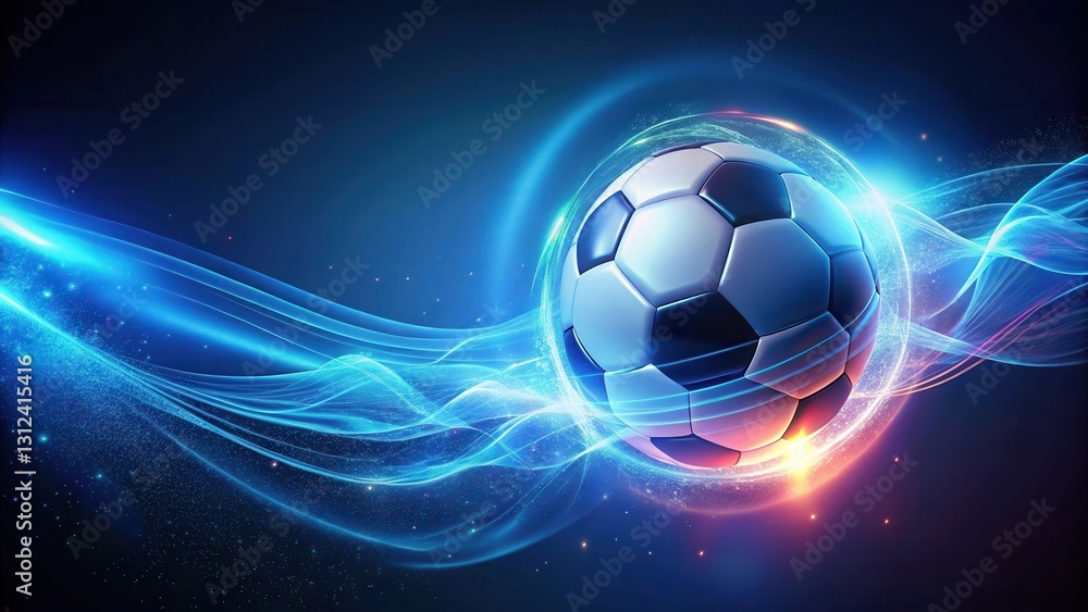 Fototapeta premium A glowing neon soccer ball suspended in mid-air over a deep blue background
