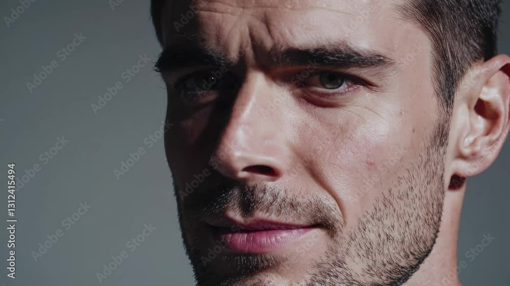 Close-up video of a man's face, capturing intense expression and detailed texture. The angle is direct, emphasizing his eyes and facial features. Close-up video of a man's face, capturing intense expression and detailed texture. The angle is direct, emphasizing his eyes and facial features.