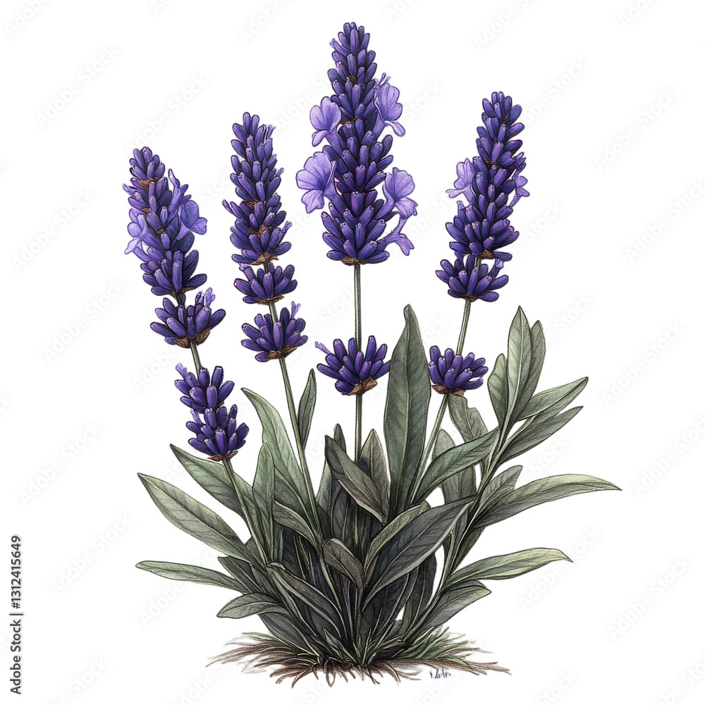 Naklejka premium Vibrant Lavender Flowers Botanical Illustration Detailed Watercolor Style Purple Floral Bouquet