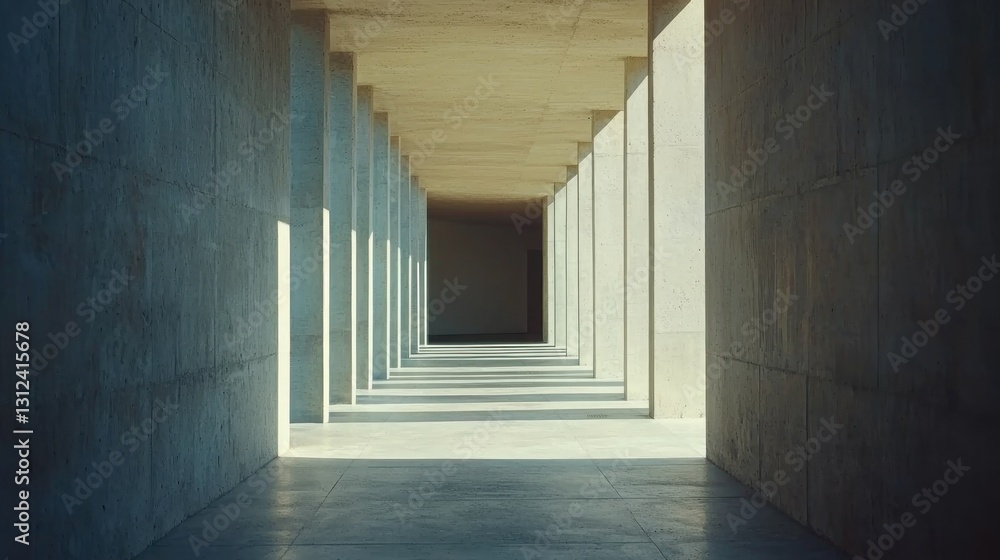 Fototapeta premium Empty concrete colonnade hallway, sunlit, architectural perspective