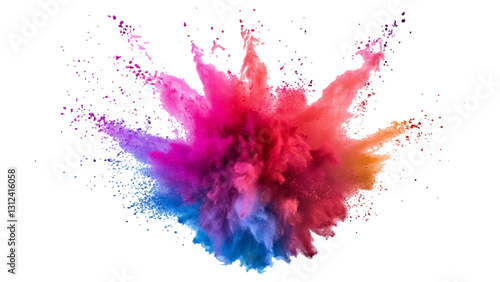 Colorful mixed rainbow powder explosion isolated on white background. Colorful ink powder splashes on white background.