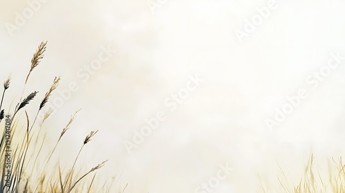 Serene landscape featuring tall grasses against a soft, light sky. Ample copy space