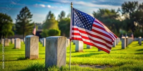 American flag at half-mast on a grave site, with a memorial background and patriotic colors, symbolizing respect and remembrance for fallen heroes, Remembrance, Grave site