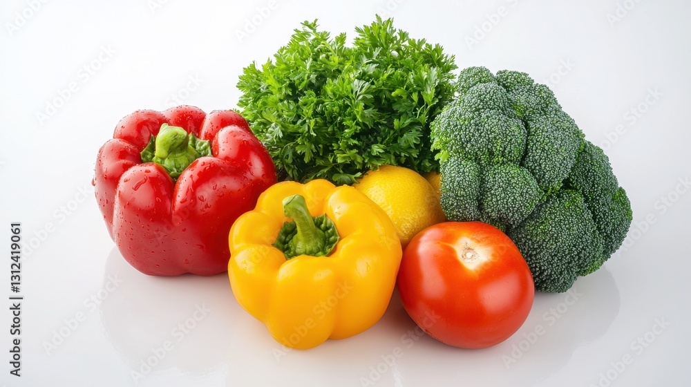 Fresh vegetables including peppers, broccoli, and tomatoes on white background. Fresh vegetables including peppers, broccoli, and tomatoes on white background.