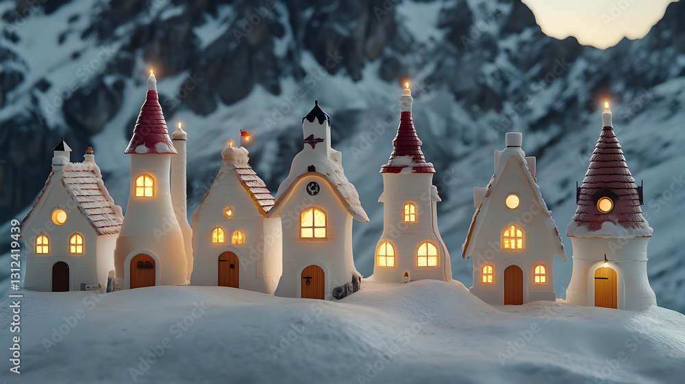 Fototapeta premium Miniature Snow Village with Glowing Candles at Night