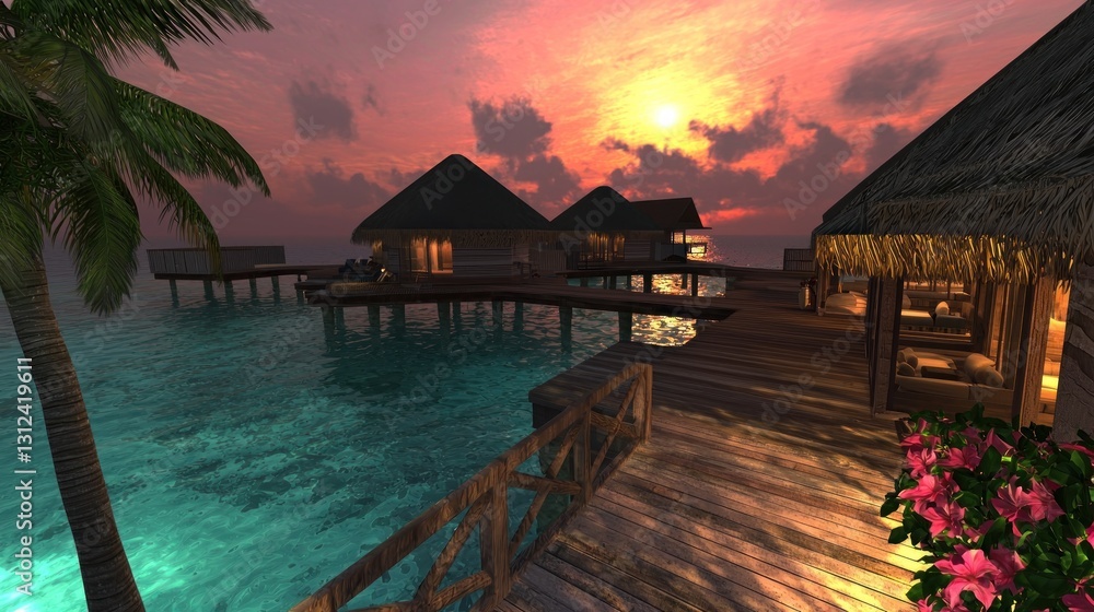 Fototapeta premium Tropical overwater bungalows at sunset (1)