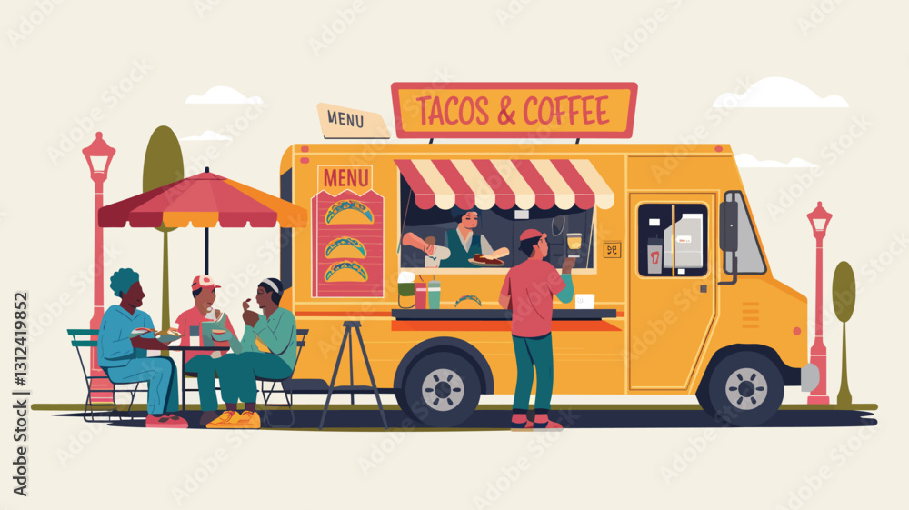 Fototapeta premium A lively vector illustration of a food truck parked on the street, selling tacos and coffee to customers