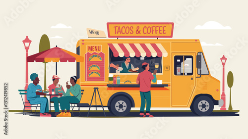 A lively vector illustration of a food truck parked on the street, selling tacos and coffee to customers 