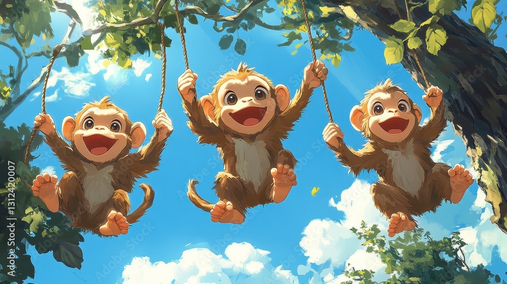 Naklejka premium Playful Monkeys Swinging from Trees in a Bright Blue Sky Illustration