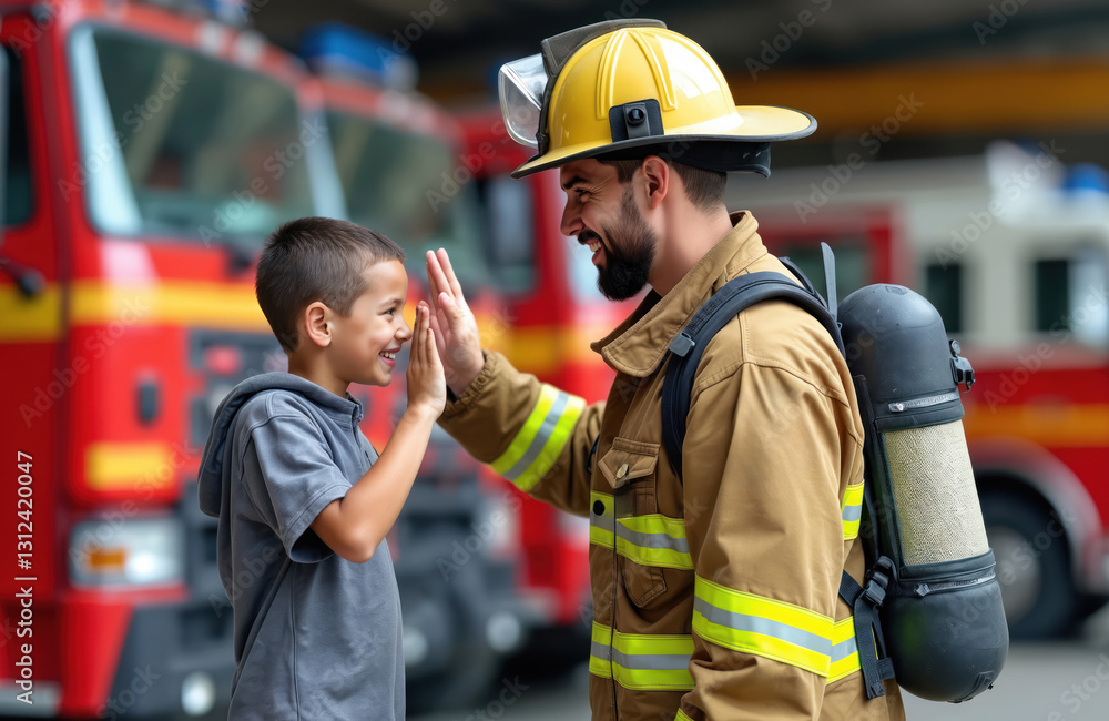 Obraz premium Firefighter with kid high-fiving near firetrucks. Happy child meets hero rescuer at fire station. Father, son bonding, celebrate career choice. Fireman shows children job, equipment, danger on duty.