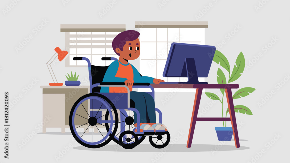 A perfect flat illustration of a disabled kid sitting on a wheelchair and learning with a computer from home A perfect flat illustration of a disabled kid sitting on a wheelchair and learning with a computer from home