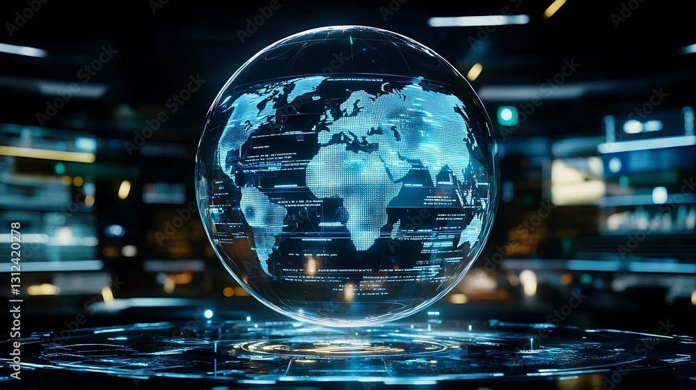 A futuristic interface with a transparent holographic globe displaying real-time global information A futuristic interface with a transparent holographic globe displaying real-time global information