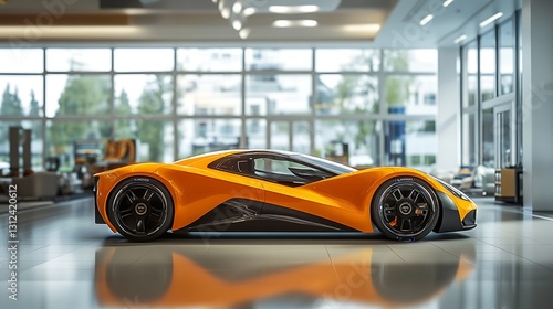 A futuristic concept car in a showroom
