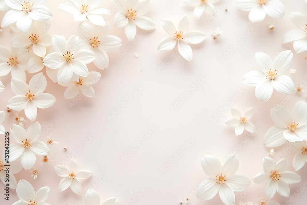 A soft, dreamy flat lay close-up of small white flowers delicately arranged on a pastel-colored textured background. The surface has a gentle texture, such as soft fabric or fine paper, enhancing A soft, dreamy flat lay close-up of small white flowers delicately arranged on a pastel-colored textured background. The surface has a gentle texture, such as soft fabric or fine paper, enhancing
