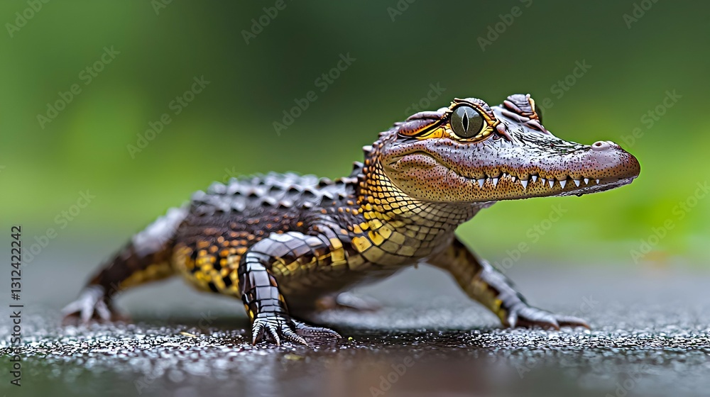 Obraz premium Baby Crocodile Portrait: Closeup of a Small Reptile in a Lush Green Tropical Environment