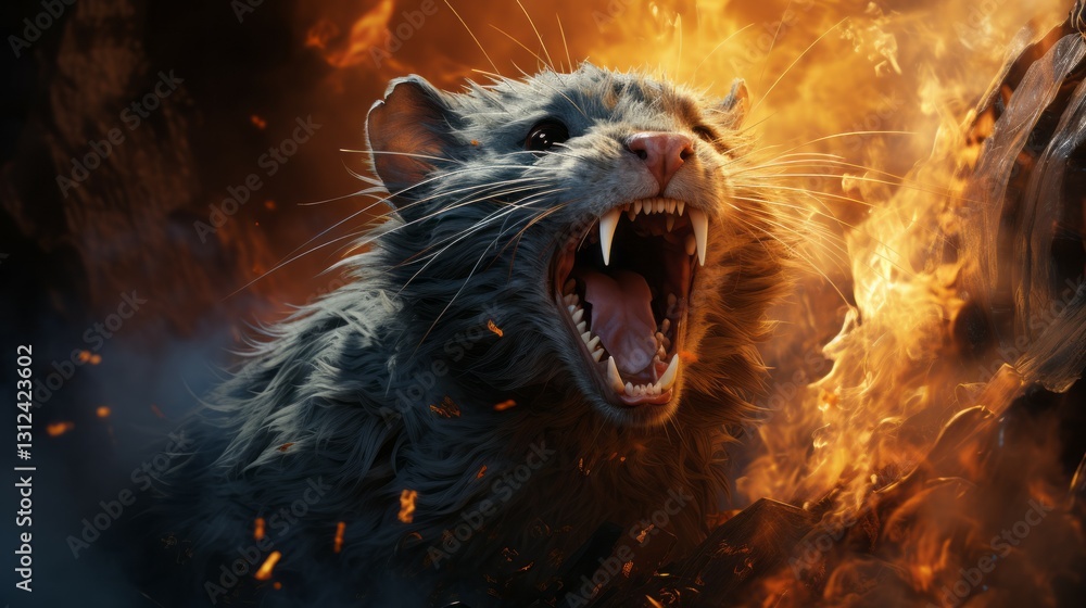 Furious rat in the fire of destruction. Angry furry mouse with a growl giving a death stare. Rat beast causes chaos and destruction on a fire background. Fictional scary character with a grin. Furious rat in the fire of destruction. Angry furry mouse with a growl giving a death stare. Rat beast causes chaos and destruction on a fire background. Fictional scary character with a grin.