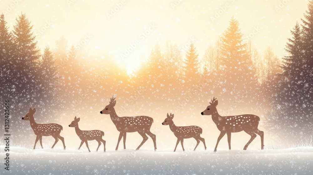 Snowy Winter Scene with Family of Deer in Soft Golden Light Snowy Winter Scene with Family of Deer in Soft Golden Light