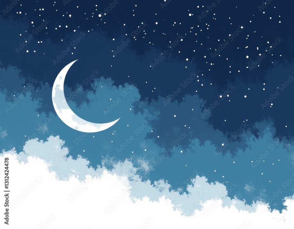 Naklejka premium Minimalist Silver Crescent Moon Illustration for Web Design, Copy Space for Text