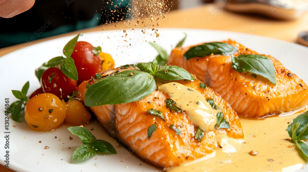 Grilled Salmon with Tomatoes and Basil Garnished on a White Plate