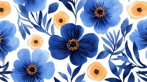 Watercolor Blue Floral Seamless Pattern Large and Small Blooms, White Background, Botanical Design Floral pattern, Watercolor painting, Seamless texture