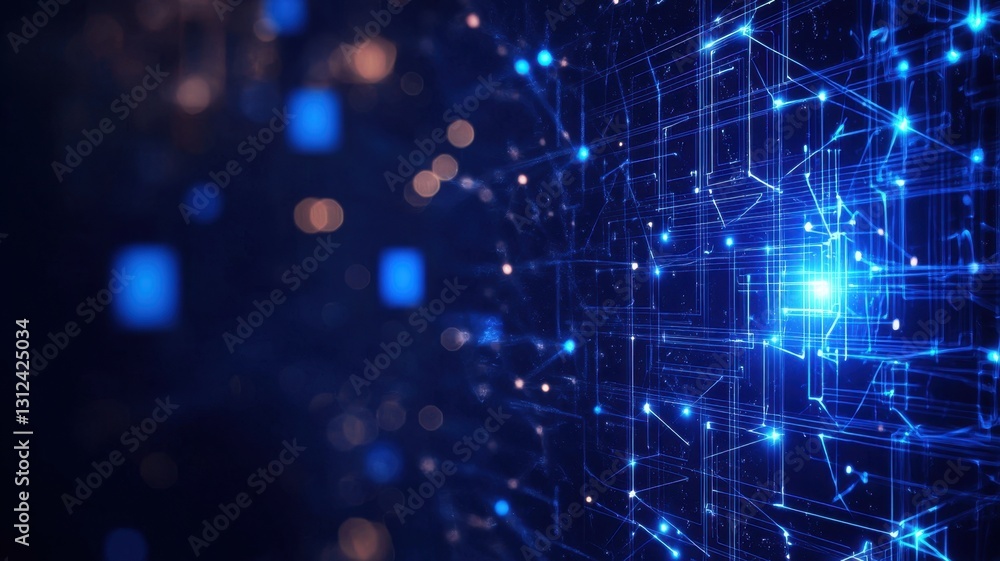 Fototapeta premium Digital world map rotating, made of programming neon code, with glowing bokeh effect and light trails, on dark blue background