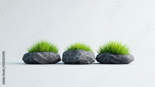 Three Stone Planters with Grass Minimalist 3D Render, Nature Concept, Zen Garden Decor, Stone Texture Zen Garden, 3D Render