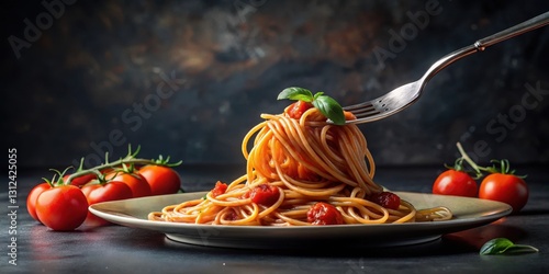 Twisted spaghetti tangled around a fork on a dark background with a rich red tomato sauce splattered everywhere, dinner, plate