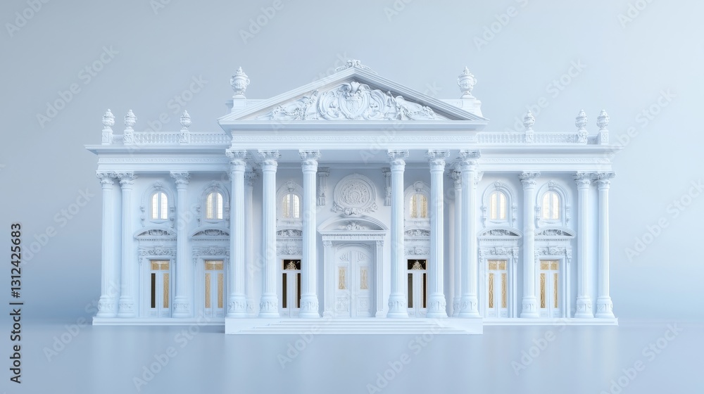 Fototapeta premium Monochrome Palace Facade 3D Render, Classical Architecture, Baroque Style, White Building, Digital Art. Baroque architecture, 3D rendering