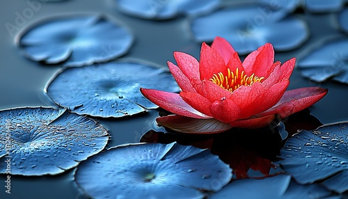 Red water lily blooms in serene pond