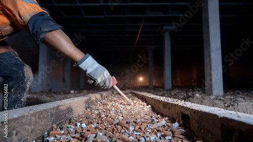 Wallpaper Mural A worker probes a trench filled with debris in a dark area Torontodigital.ca