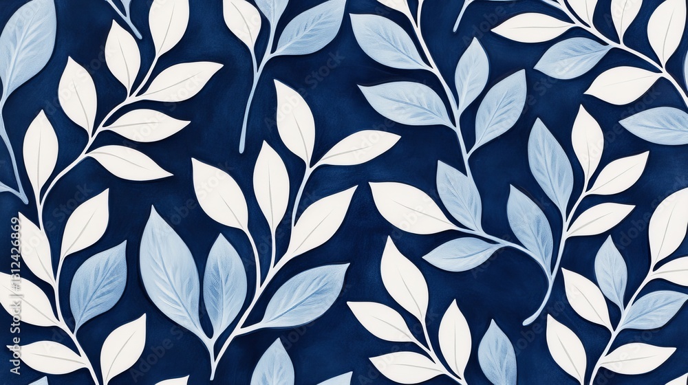 Blue and White Embossed Leaf Pattern Seamless Digital Art, Floral Textile Design, Nature Inspired Wallpaper Floral Pattern, Embossed Texture