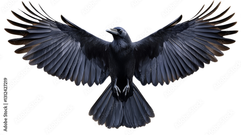 Fototapeta premium Black raven flying with open wings on transparent background