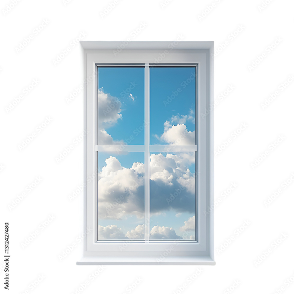 White window frame showcasing blue sky and fluffy clouds a peaceful view, White window frame showcasing blue sky and fluffy clouds a peaceful view,