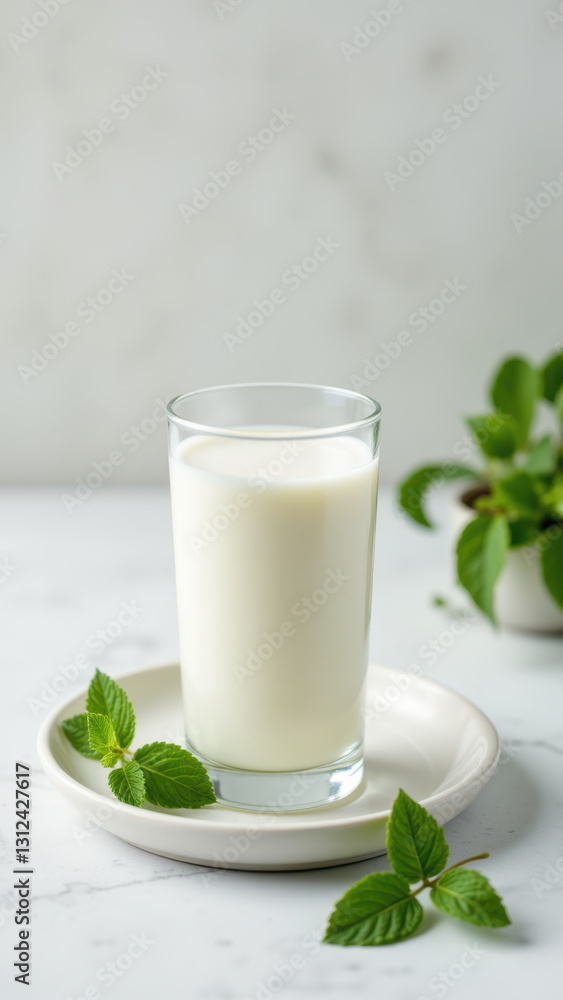 Glass of milk on a saucer with mint leaves. Glass of milk on a saucer with mint leaves.