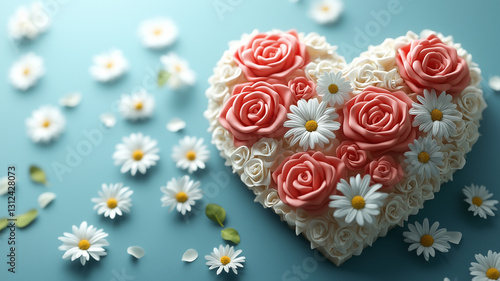 3D illustration of a heart-shaped bouquet with roses and daisies, placed on a table