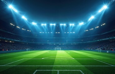 Modern football stadium with green lawn, blue spotlights. Soccer background. Football champions arena. Empty grandstand at night, bright spotlights, goal. Sport match championship tournament dark