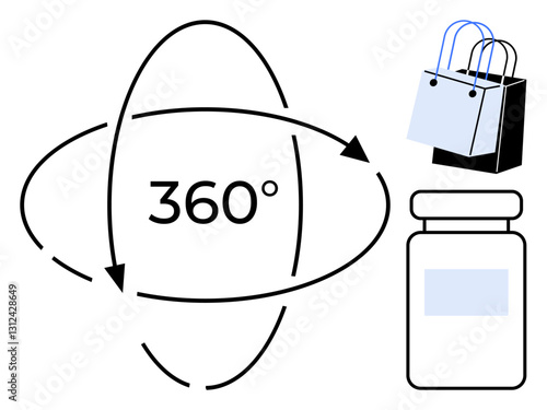 360-degree rotation arrows encompassing text, with a shopping bag and medicine bottle beside. Ideal for retail, e-commerce, product display, online shopping, virtual reality, marketing, consumer