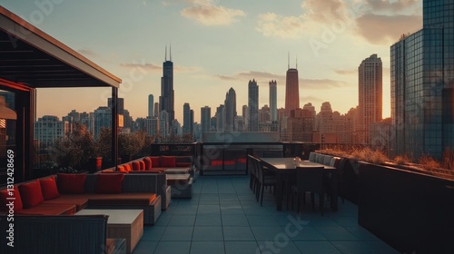 City skyline from rooftop restaurant