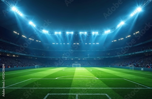 Modern football stadium with green lawn, blue spotlights. Soccer background. Football champions arena. Empty grandstand at night, bright spotlights, goal. Sport match championship tournament dark