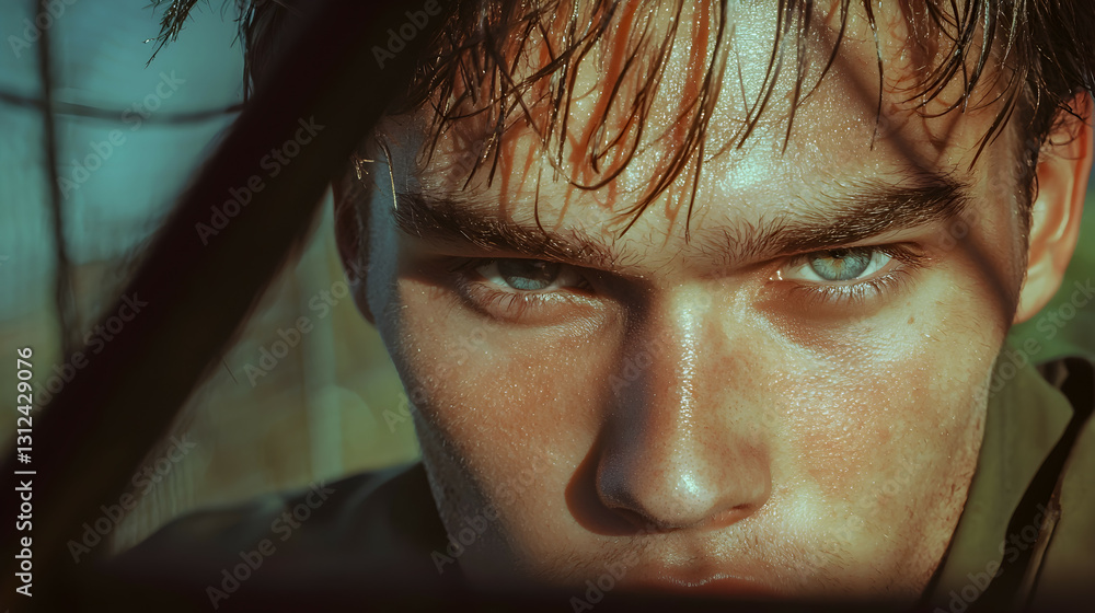 The intense portrait features a focused man staring directly at you