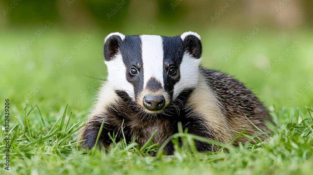 Closeup Portrait of a Young Badger in Green Grass Closeup Portrait of a Young Badger in Green Grass
