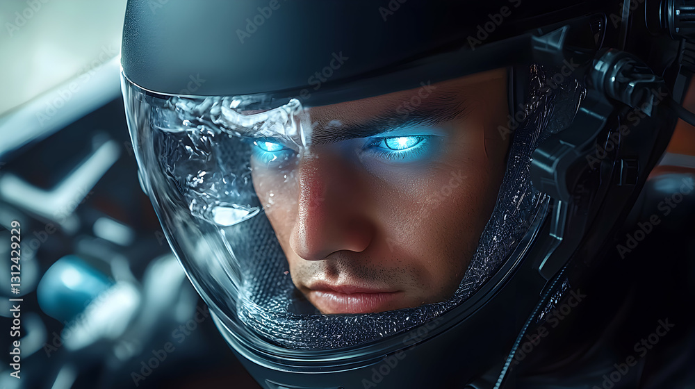 A person wearing a futuristic helmet with glowing blue eyes