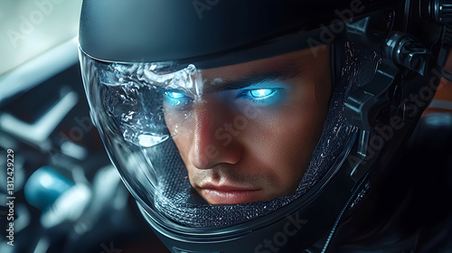 Obraz na płótnie A person wearing a futuristic helmet with glowing blue eyes w salonie