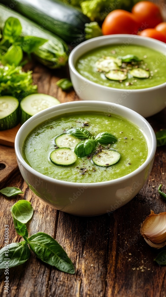 Vibrant Zucchini Soup: A Symphony of Flavors in Every Bowl. Fresh Basil, Nutritious Vegetables, and a Rustic Wooden Table Setting Create a Culinary Masterpiece. Vibrant Zucchini Soup: A Symphony of Flavors in Every Bowl. Fresh Basil, Nutritious Vegetables, and a Rustic Wooden Table Setting Create a Culinary Masterpiece.