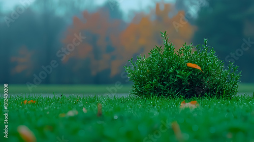 A lush green bush with leaves and glistening water droplets