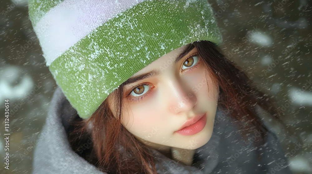 A beautiful woman poses during a gentle snowfall outside