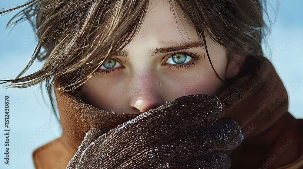 A portrait of a woman in winter with intense blue eyes