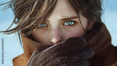 A portrait of a woman in winter with intense blue eyes