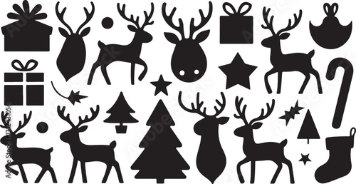Christmas vector silhouette set with reindeer, trees, gifts, candy cane, stars, and holiday icons. Festive black Xmas symbols collection